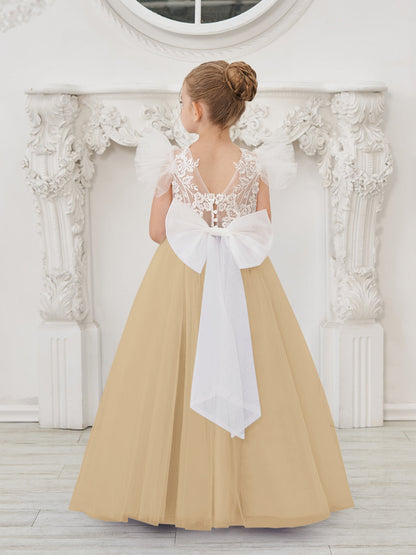 Detachable  Lace Tulle Sweep Train Flower Girl Dress