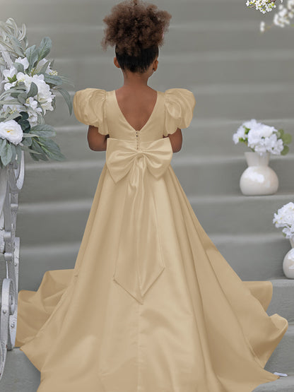 Puff Sleeve Bow Button Back Sweep Train Flower Girl Dress