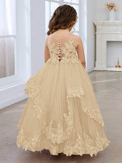 Princess Sleeveless Tulle Gown with Lace Appliques and Sweep Train for Girls