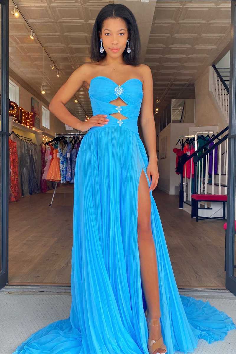 Charming  Sweetheart Chiffon with slit beades Prom Dresses