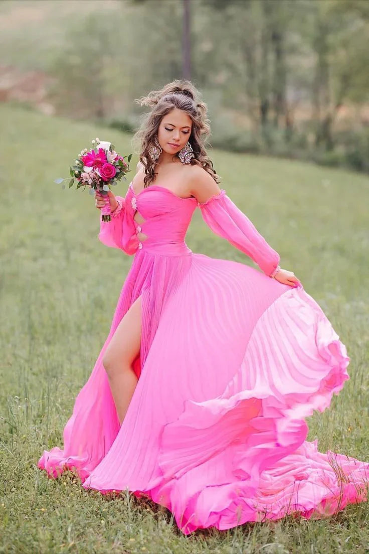 Charming  Sweetheart Chiffon with slit beades Prom Dresses