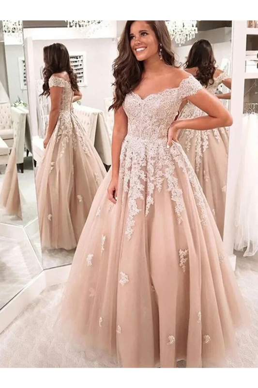 Prom Dresses Charming Ball Gown Tulle Off The Shoulder Formal  With Appliques