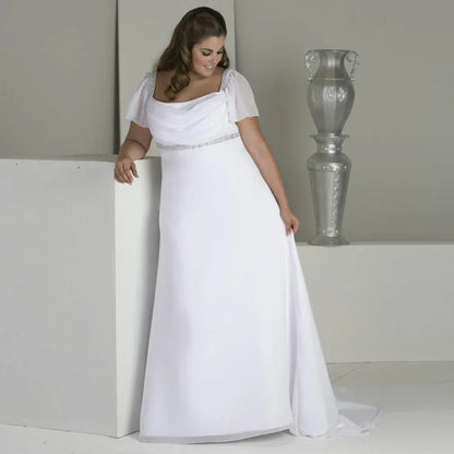 Square Neck Plus Size Wedding Dress Short Sleeves Beading Sequins Chiffon Beach Bridal Gown