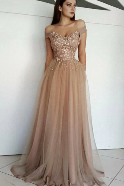 Prom Dresses Chic Off the Shoulder Tulle  with Beads Long Sweetheart Evening Dress