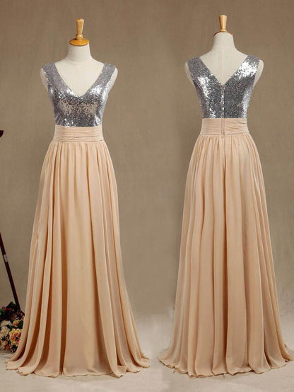 NumberSea - Chiffon Mix Sequin Bridesmaid Dress V - neck A - line Sleeveless