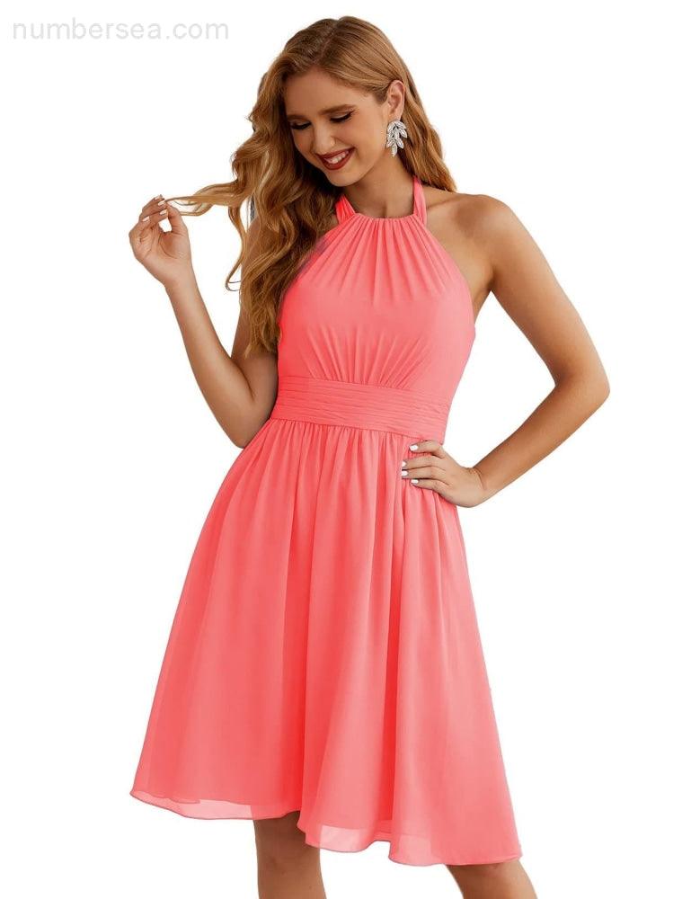 Numbersea Halter Chiffon Bridesmaid Dresses Short Sleeveless Formal Party Dress Open Back SEA28023 - numbersea