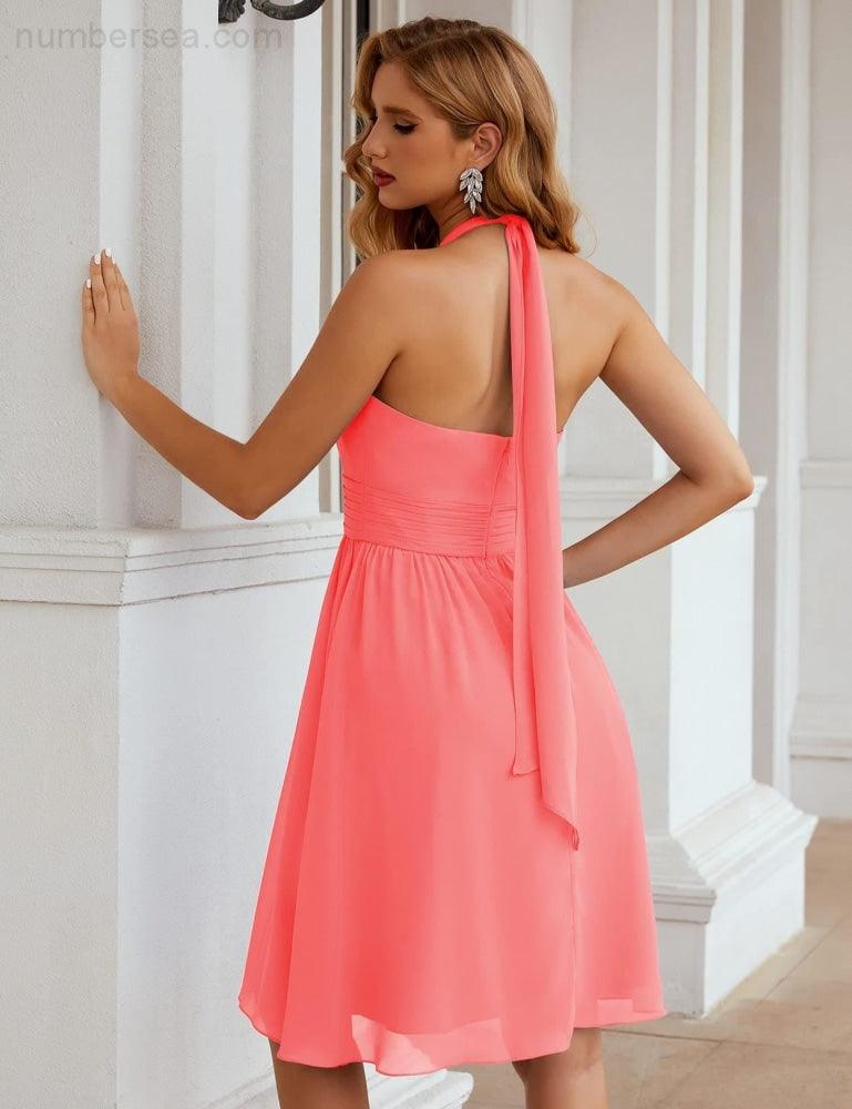 Numbersea Halter Chiffon Bridesmaid Dresses Short Sleeveless Formal Party Dress Open Back SEA28023 - numbersea