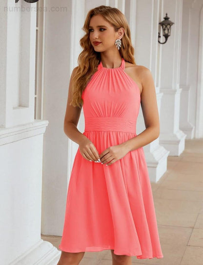 Numbersea Halter Chiffon Bridesmaid Dresses Short Sleeveless Formal Party Dress Open Back SEA28023 - numbersea