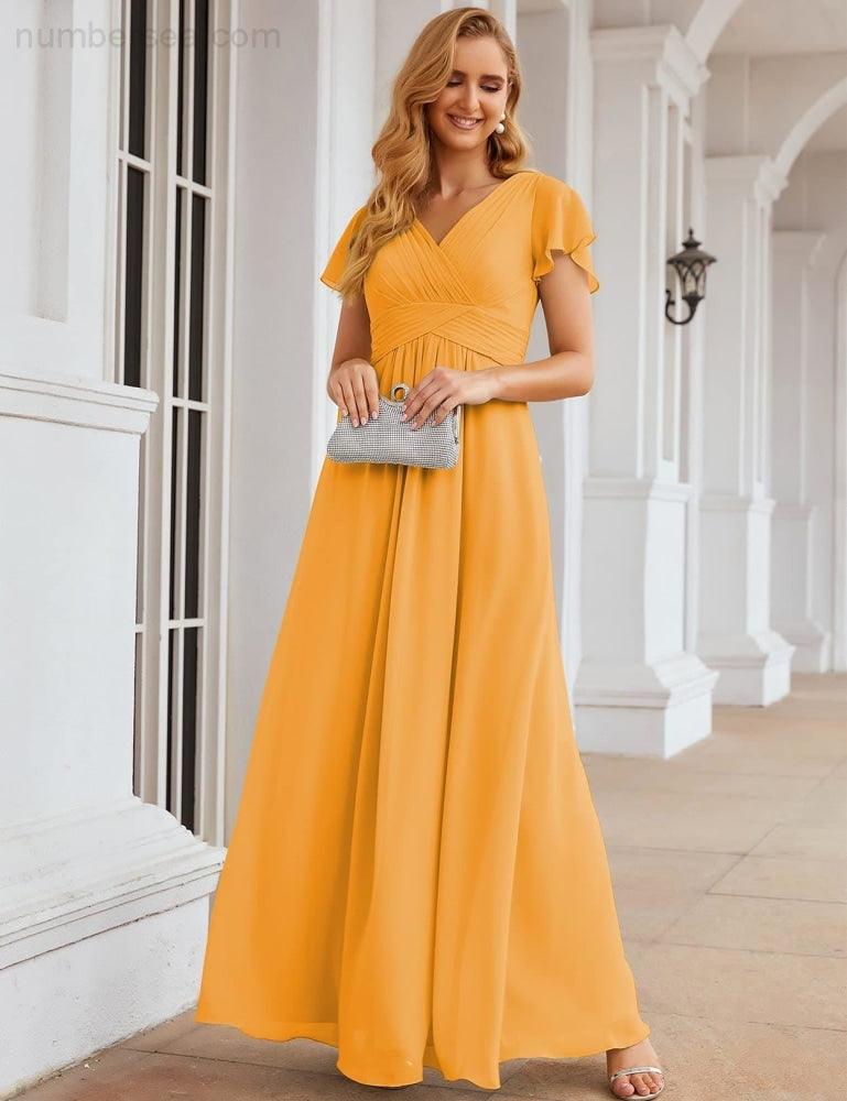 Numbersea Chiffon Bridesmaid Dress Cap Sleeves Maxi Prom Gowns Party Wedding Mother of The Bride Dresses for Women SEA28047-numbersea