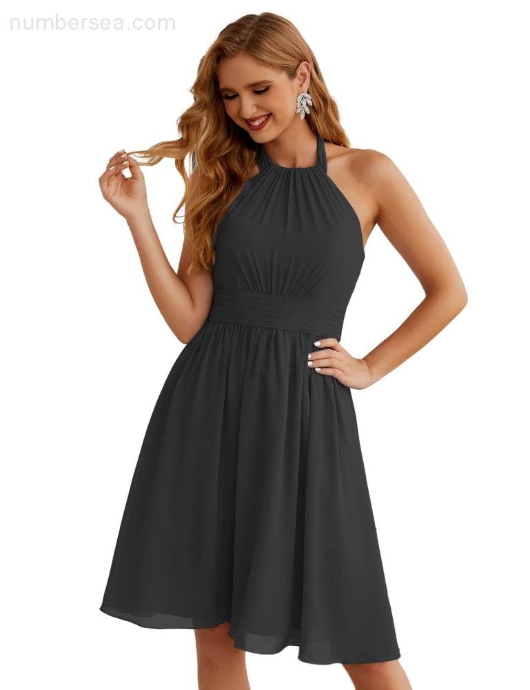 Numbersea Halter Chiffon Bridesmaid Dresses Short Sleeveless Formal Party Dress Open Back SEA28023 - numbersea