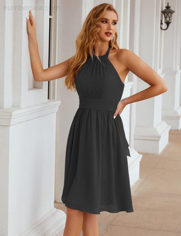 Numbersea Halter Chiffon Bridesmaid Dresses Short Sleeveless Formal Party Dress Open Back SEA28023 - numbersea