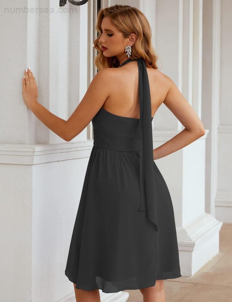 Numbersea Halter Chiffon Bridesmaid Dresses Short Sleeveless Formal Party Dress Open Back SEA28023 - numbersea