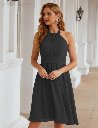 Numbersea Halter Chiffon Bridesmaid Dresses Short Sleeveless Formal Party Dress Open Back SEA28023 - numbersea