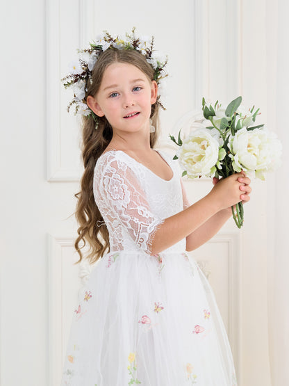 Sage Scoop Neck Cloth Surface and Tulle Flower Girl Dress (2003227581)