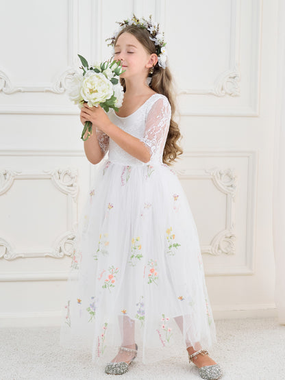 Sage Scoop Neck Cloth Surface and Tulle Flower Girl Dress (2003227581)