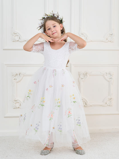 Sage Scoop Neck Cloth Surface and Tulle Flower Girl Dress (2003227581)