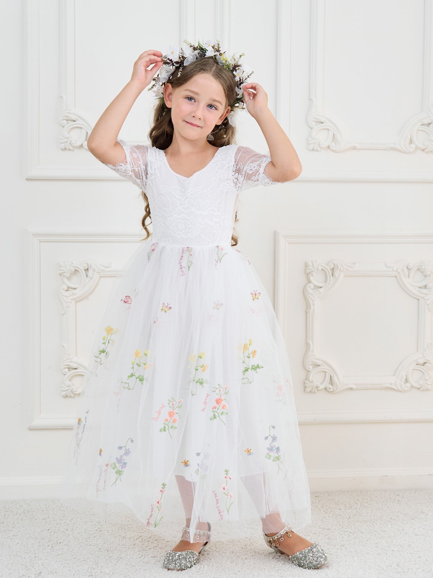 Sage Scoop Neck Cloth Surface and Tulle Flower Girl Dress (2003227581)