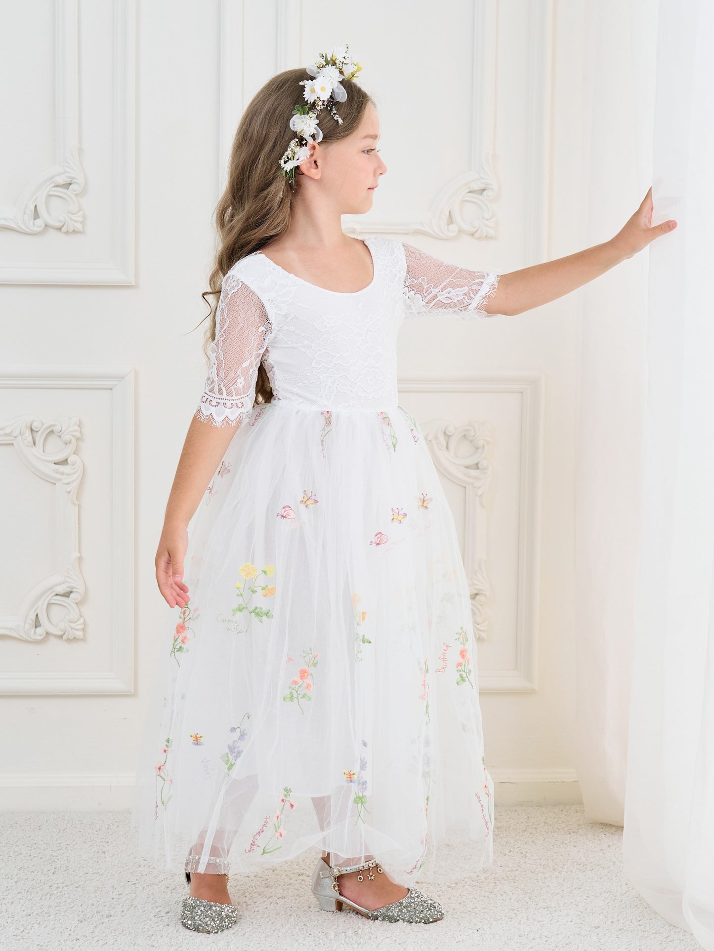 Sage Scoop Neck Cloth Surface and Tulle Flower Girl Dress (2003227581)