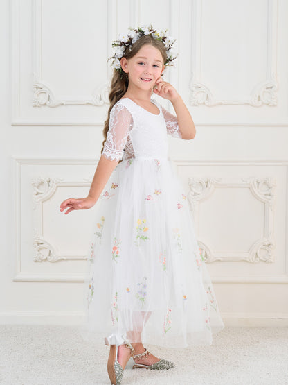 Sage Scoop Neck Cloth Surface and Tulle Flower Girl Dress (2003227581)