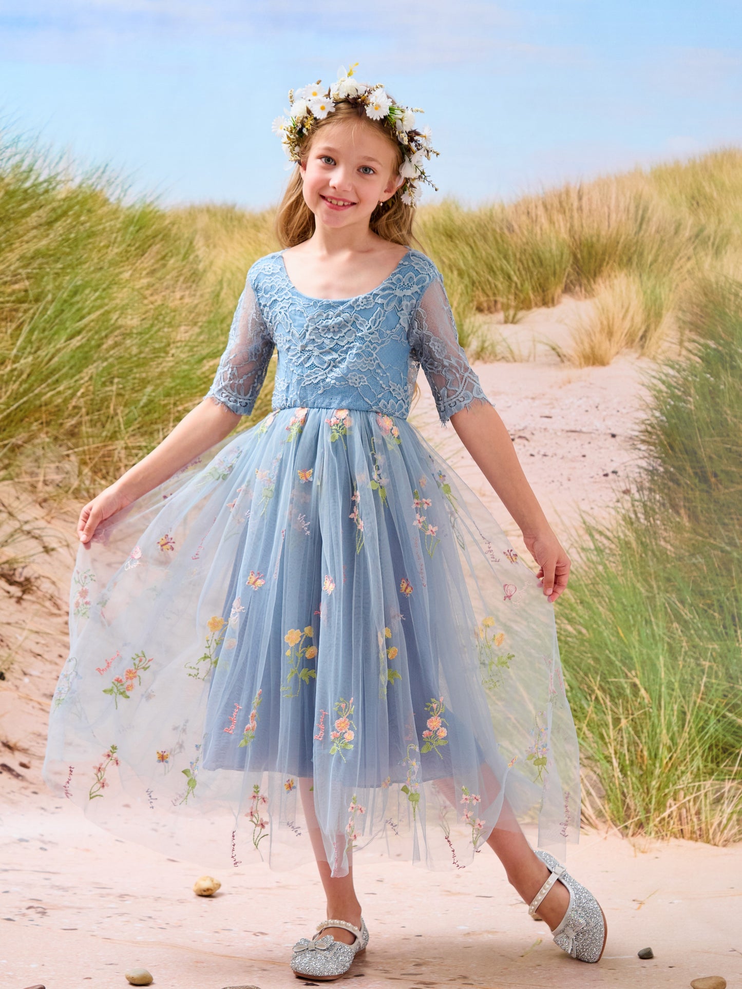 Sage Scoop Neck Cloth Surface and Tulle Flower Girl Dress (2003227581)