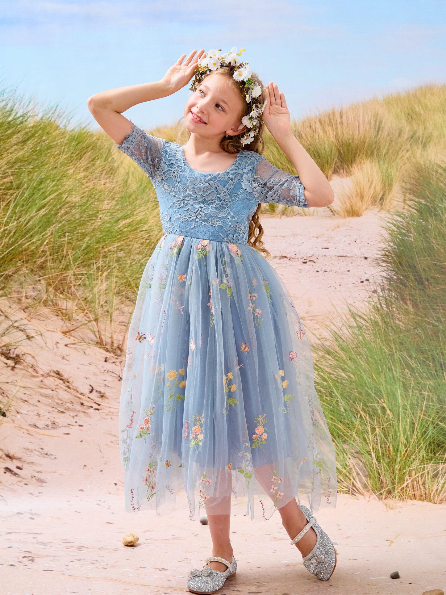 Sage Scoop Neck Cloth Surface and Tulle Flower Girl Dress (2003227581)