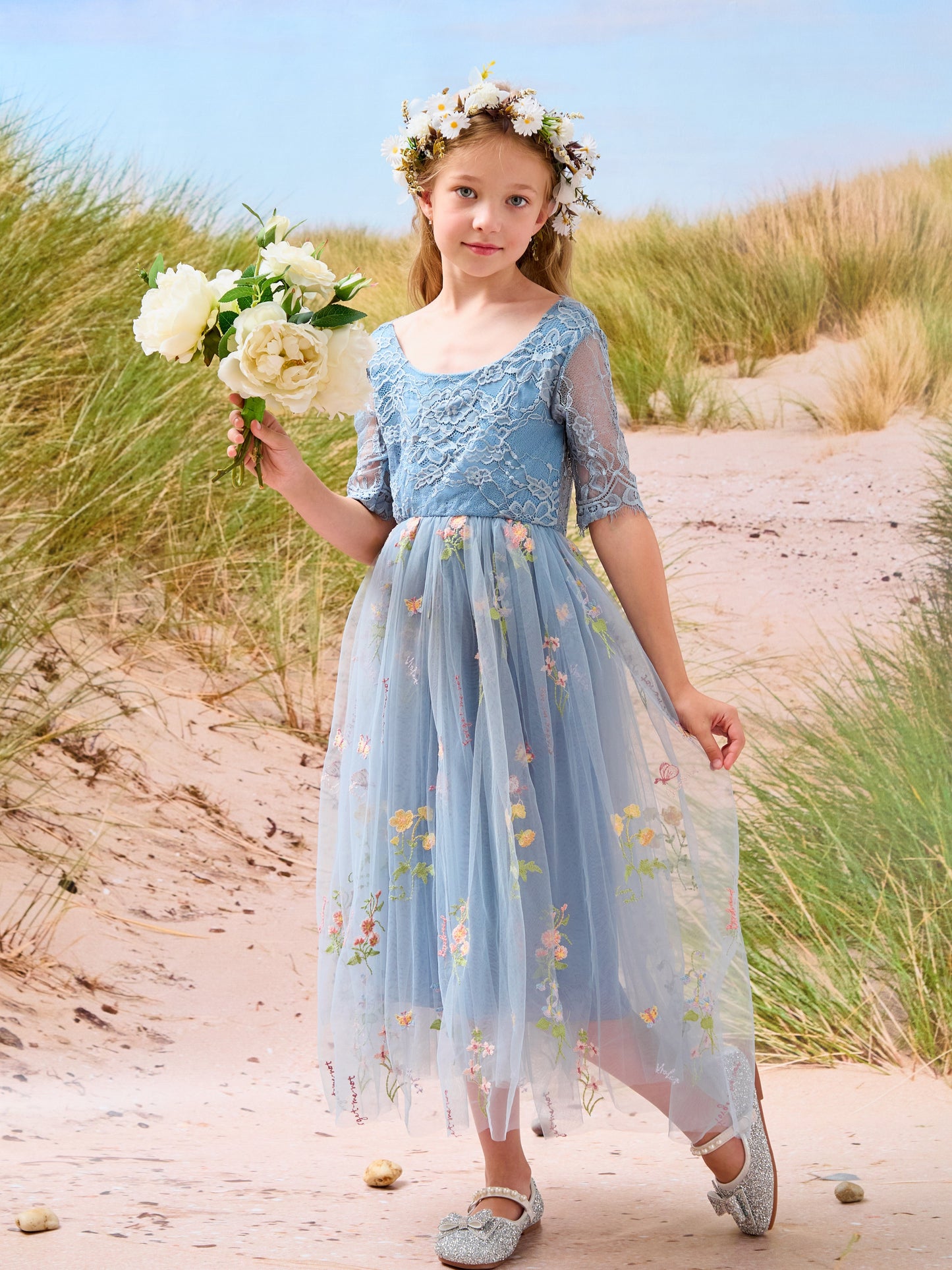 Sage Scoop Neck Cloth Surface and Tulle Flower Girl Dress (2003227581)