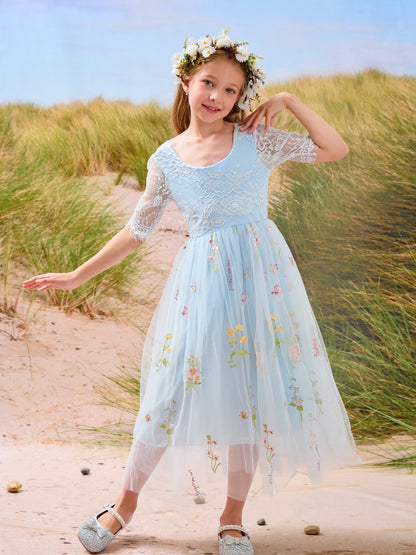 Sage Scoop Neck Cloth Surface and Tulle Flower Girl Dress (2003227581)