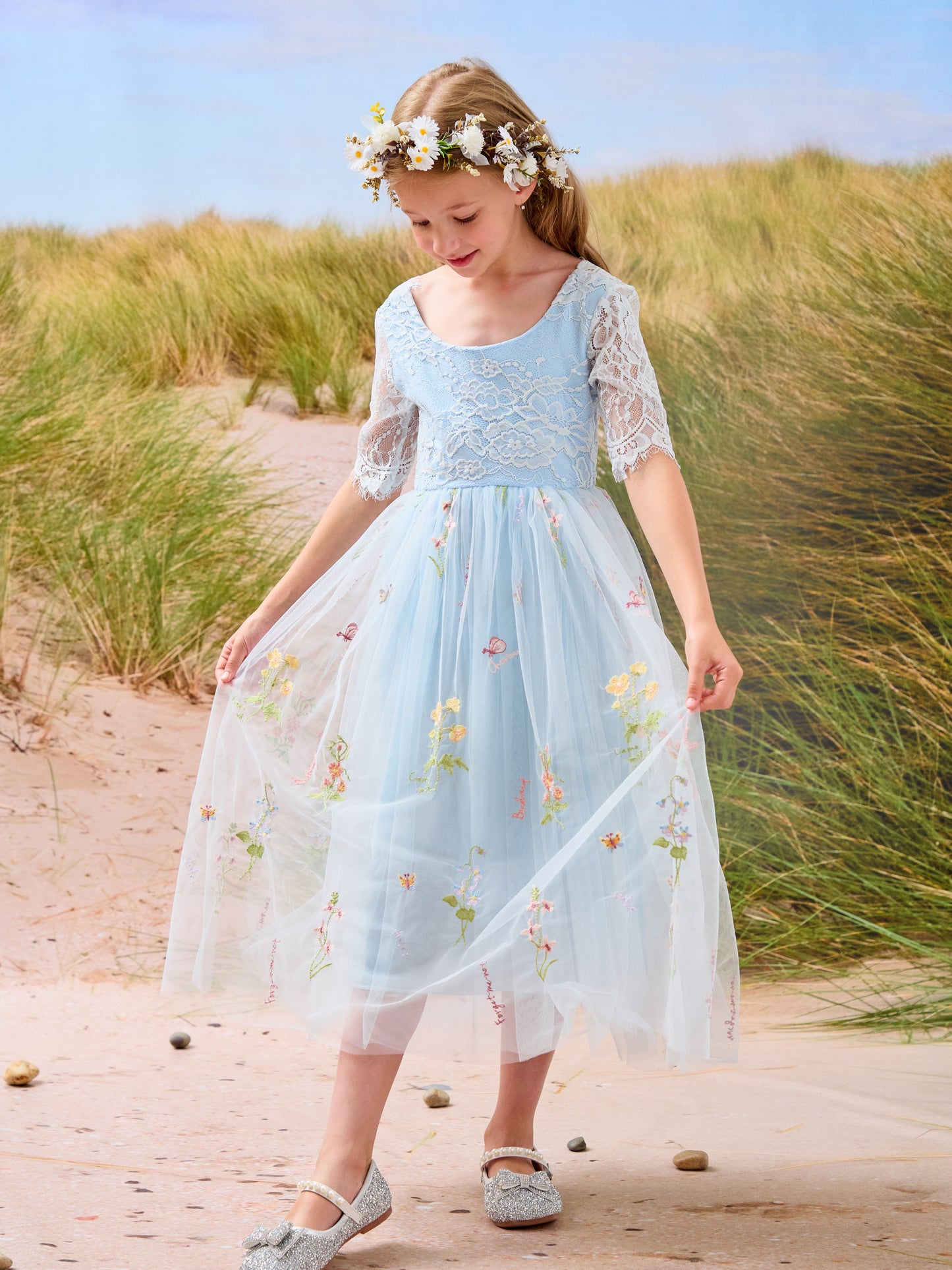 Sage Scoop Neck Cloth Surface and Tulle Flower Girl Dress (2003227581)