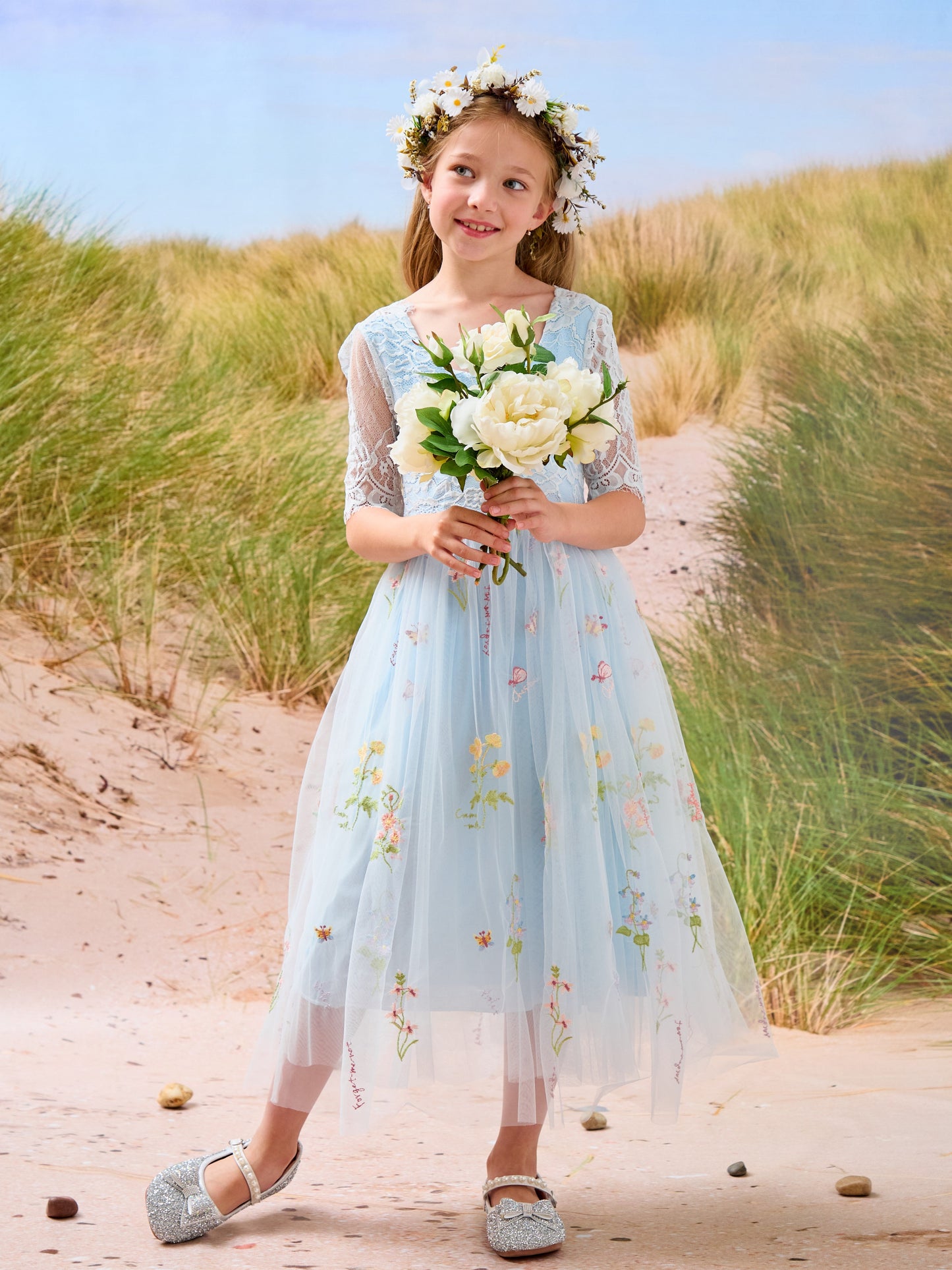 Sage Scoop Neck Cloth Surface and Tulle Flower Girl Dress (2003227581)