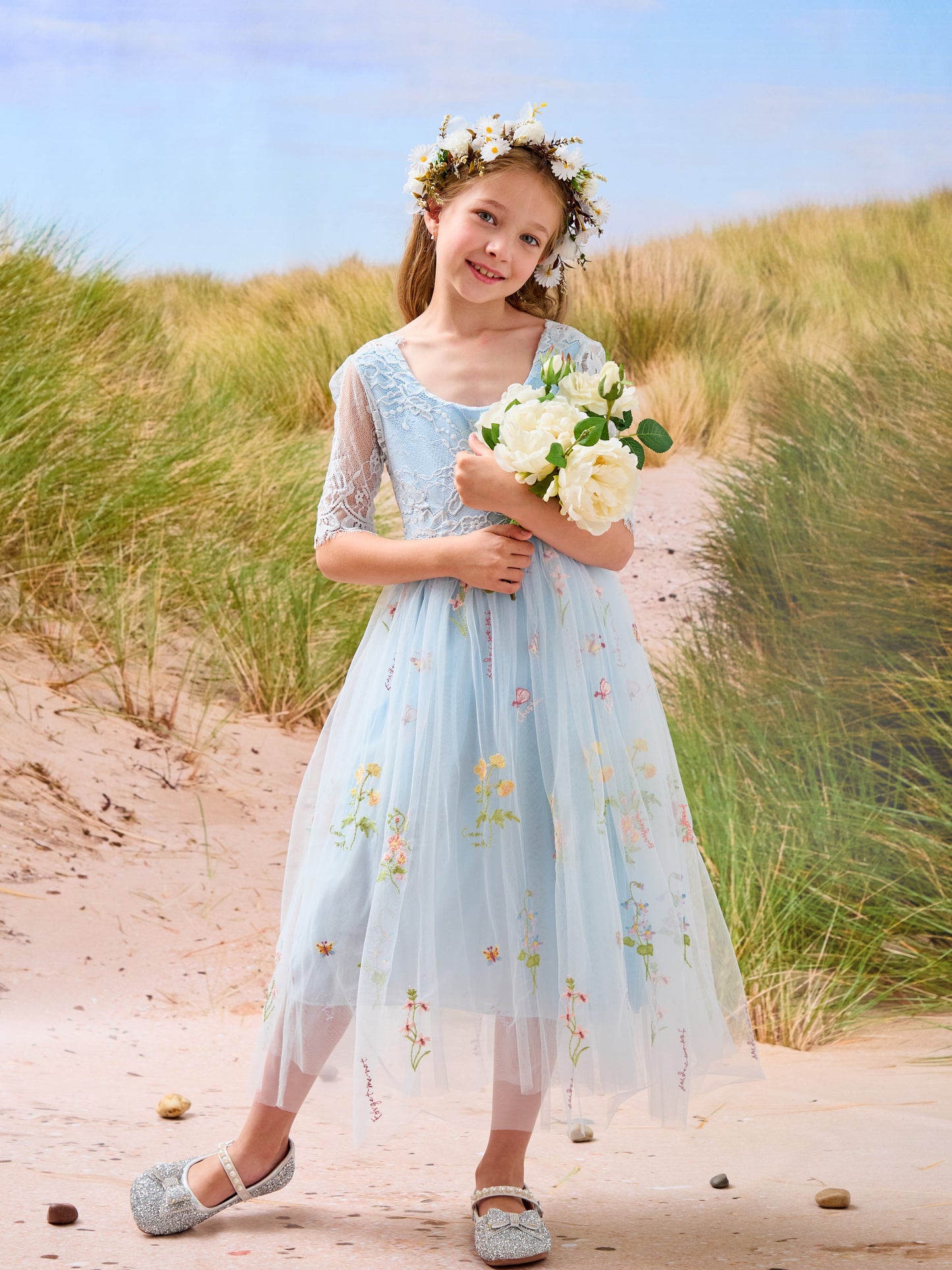 Sage Scoop Neck Cloth Surface and Tulle Flower Girl Dress (2003227581)