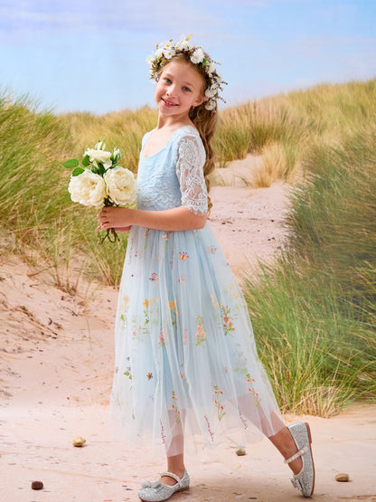 Sage Scoop Neck Cloth Surface and Tulle Flower Girl Dress (2003227581)