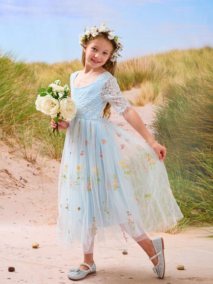 Sage Scoop Neck Cloth Surface and Tulle Flower Girl Dress (2003227581)