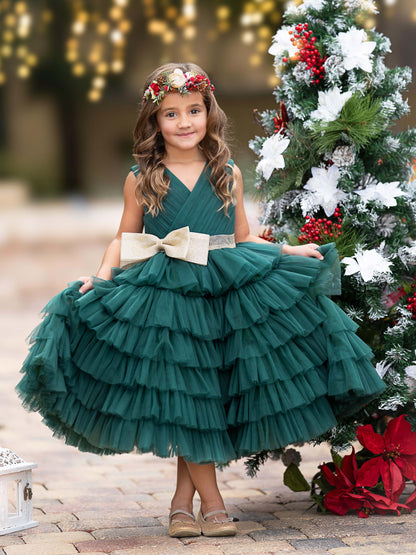 Enchanting Dark Green Tulle Ruffled Dress with Gold Bow