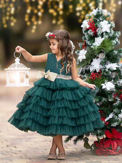 Enchanting Dark Green Tulle Ruffled Dress with Gold Bow