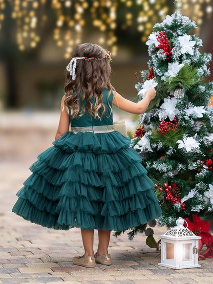 Enchanting Dark Green Tulle Ruffled Dress with Gold Bow