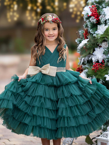 Enchanting Dark Green Tulle Ruffled Dress with Gold Bow