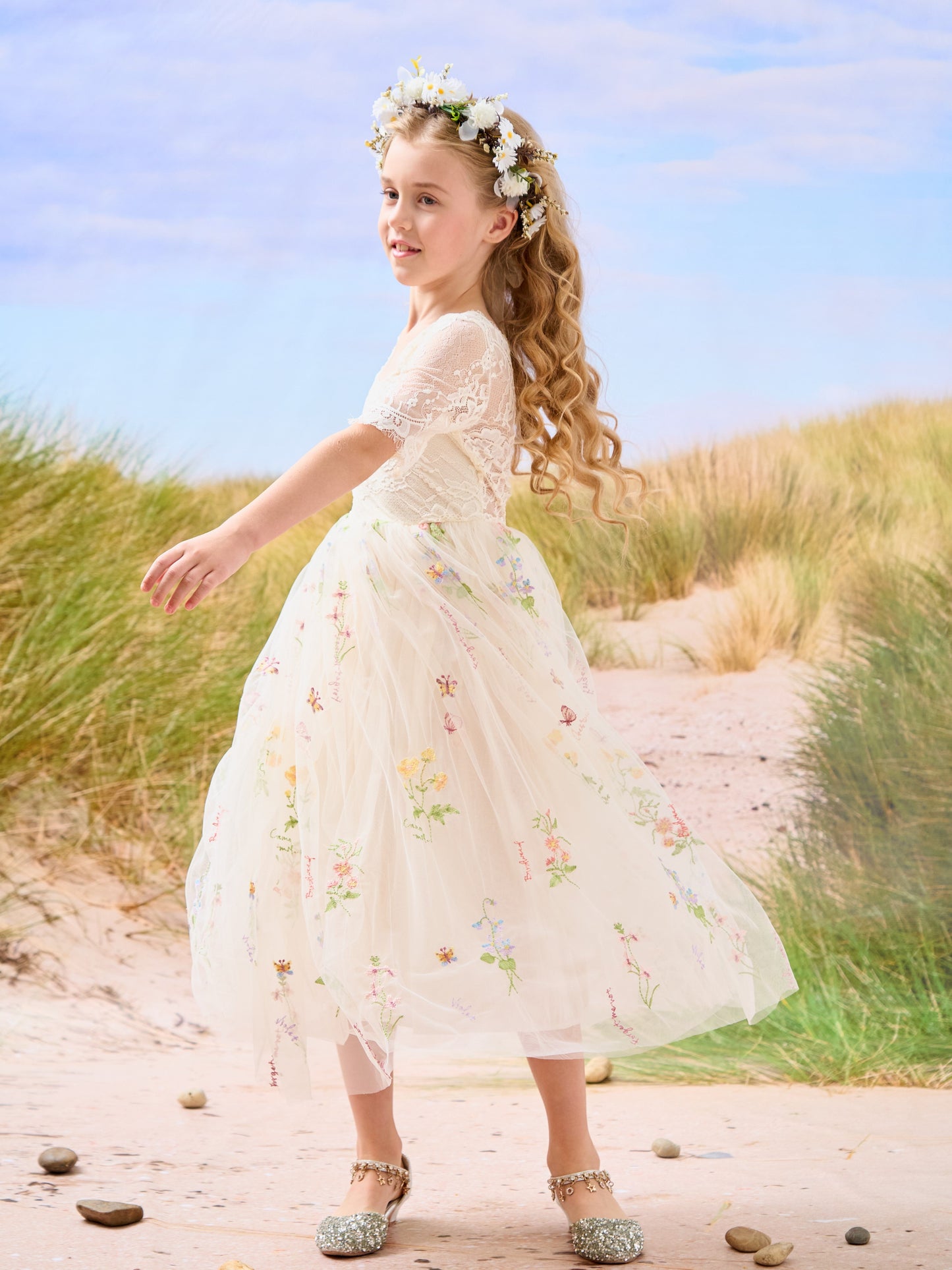 Sage Scoop Neck Cloth Surface and Tulle Flower Girl Dress (2003227581)