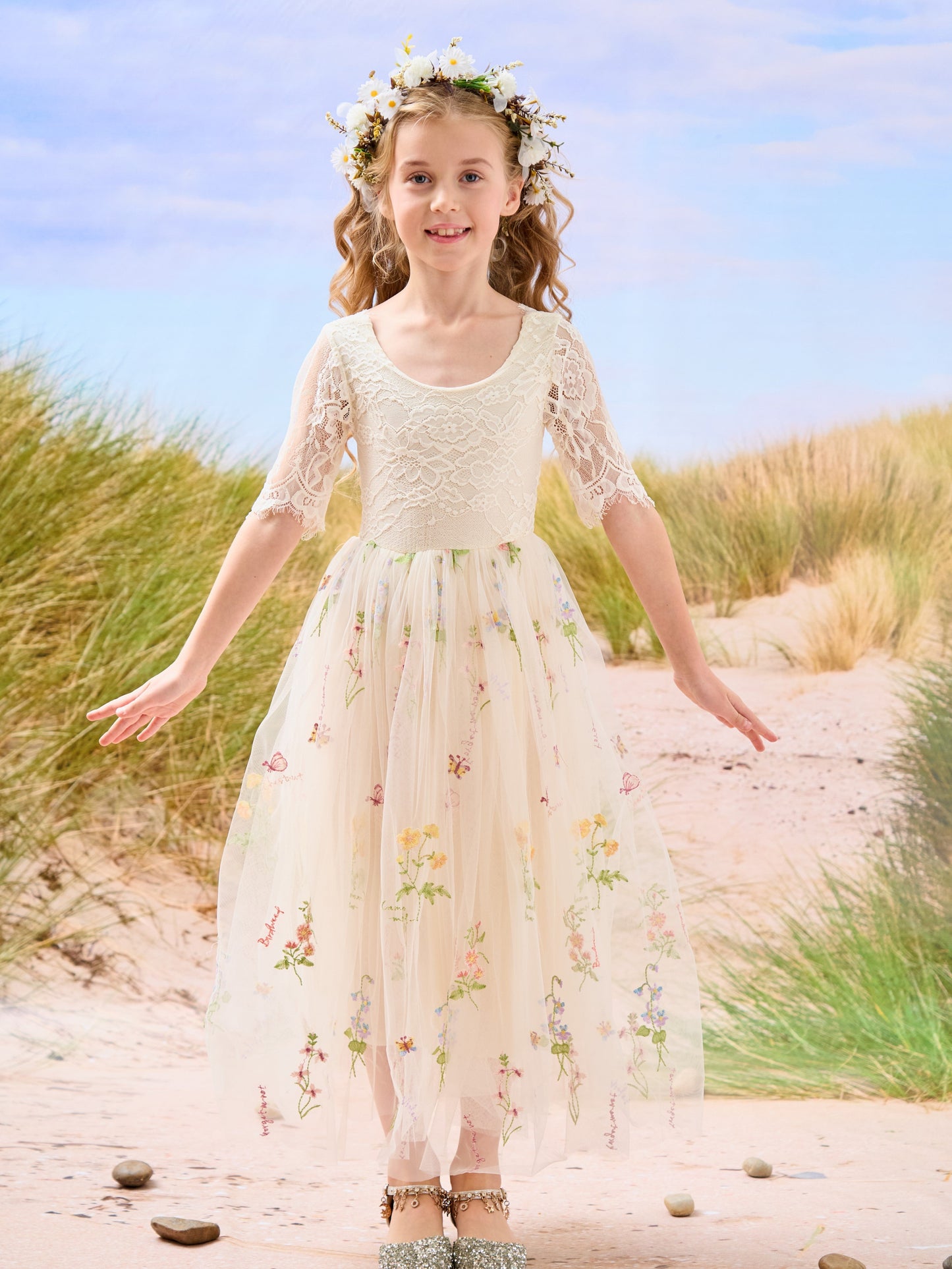 Sage Scoop Neck Cloth Surface and Tulle Flower Girl Dress (2003227581)