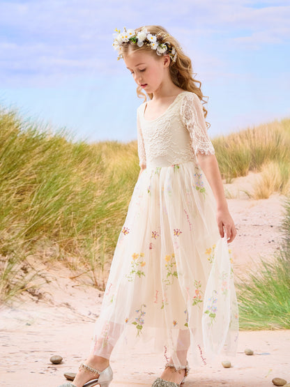 Sage Scoop Neck Cloth Surface and Tulle Flower Girl Dress (2003227581)