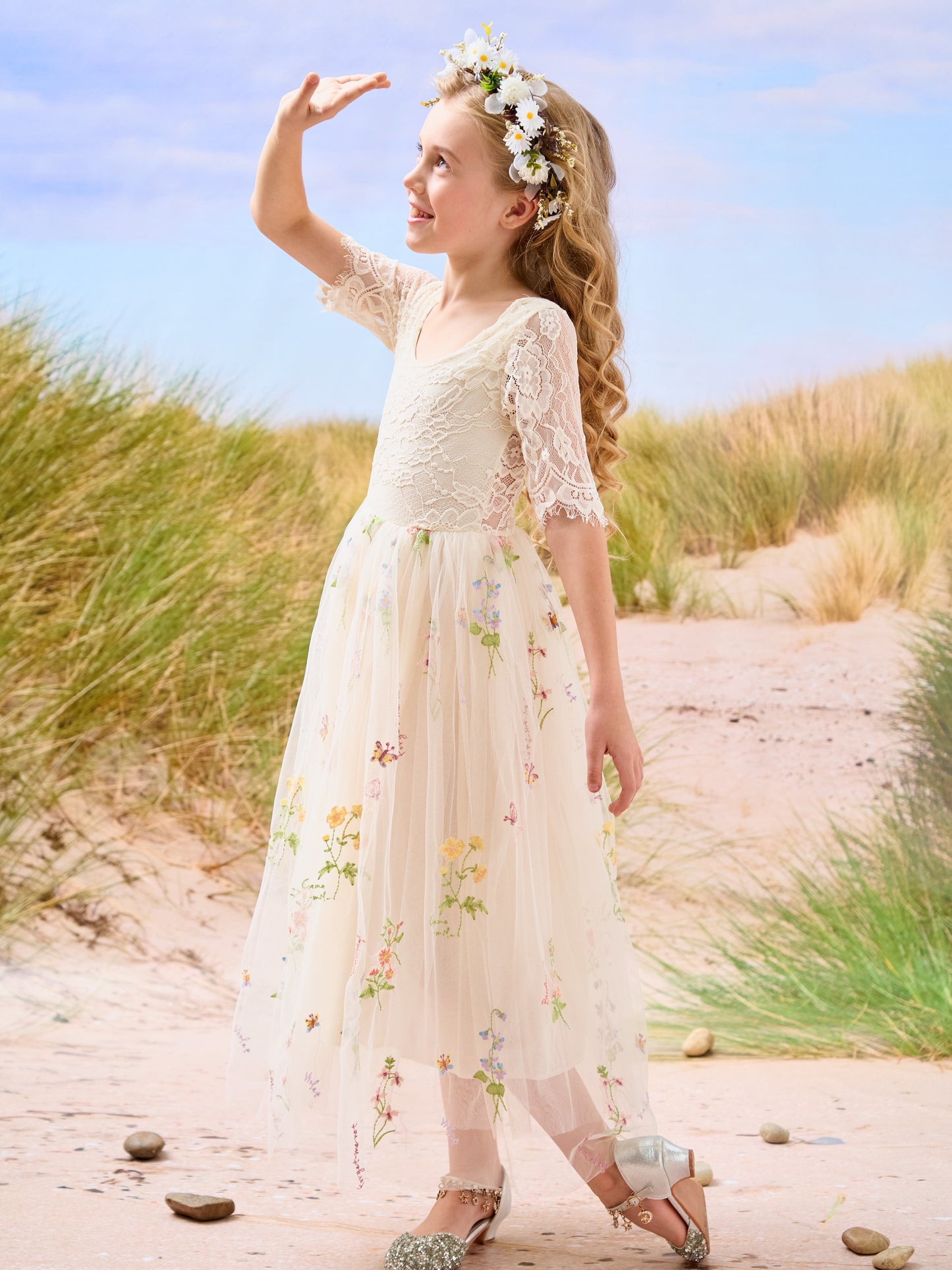 Sage Scoop Neck Cloth Surface and Tulle Flower Girl Dress (2003227581)