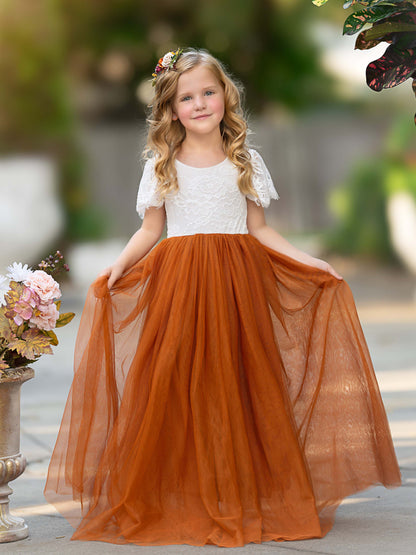 Lace Ankle-length Burnt Orange Boho Flower Girl Dress