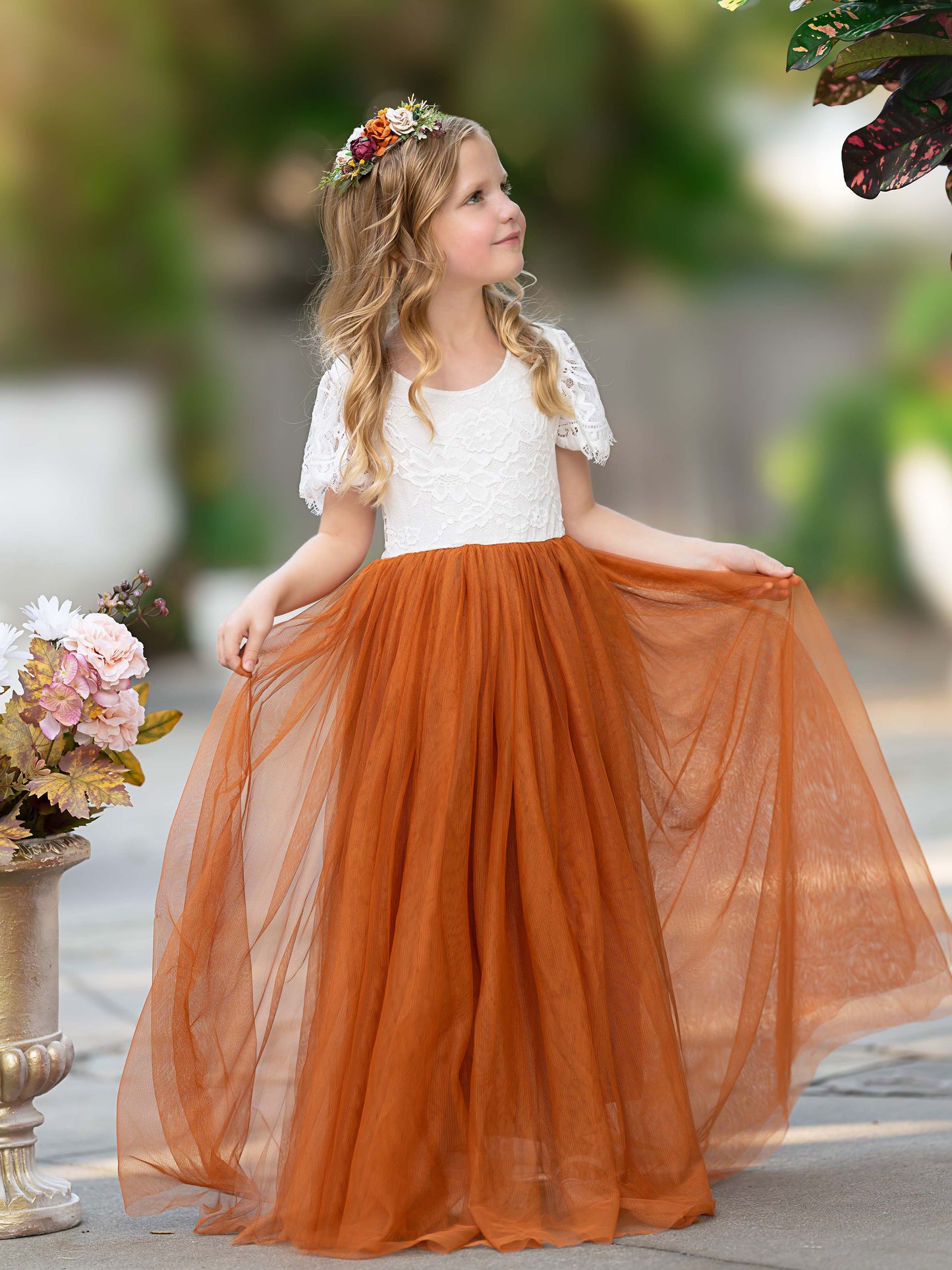 Lace Ankle-length Burnt Orange Boho Flower Girl Dress