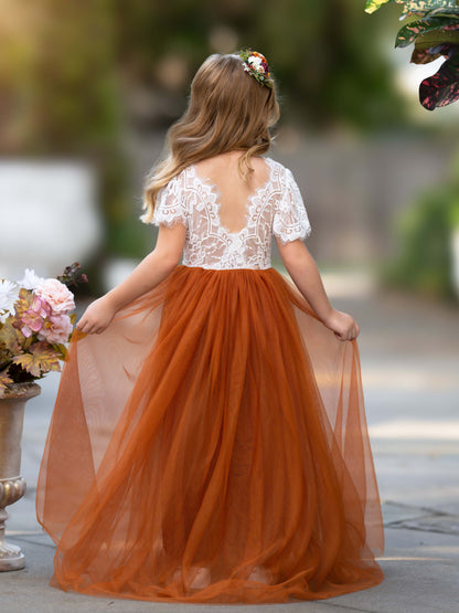 Lace Ankle-length Burnt Orange Boho Flower Girl Dress