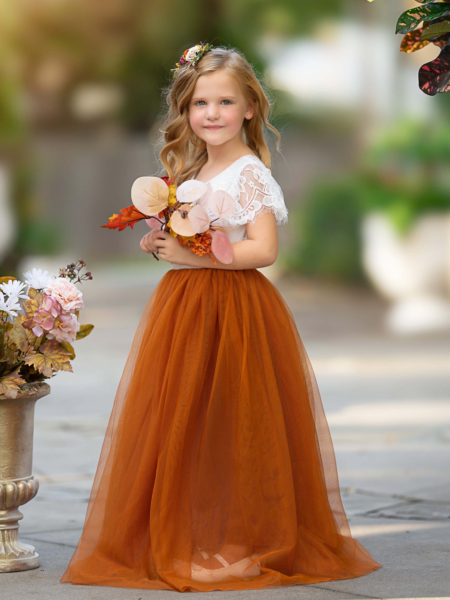 Lace Ankle-length Burnt Orange Boho Flower Girl Dress