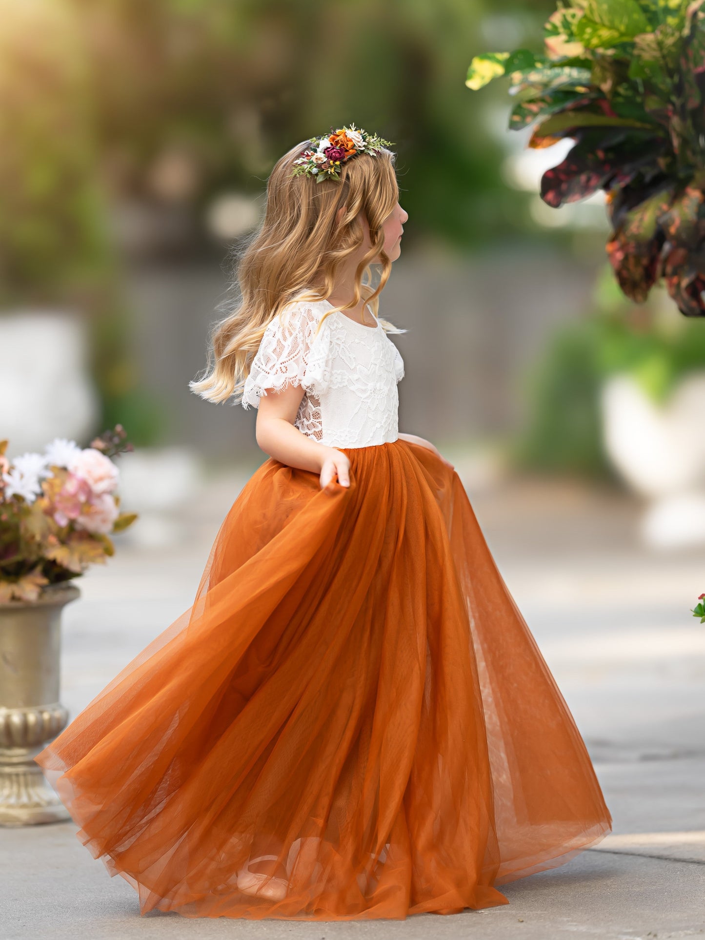 Lace Ankle-length Burnt Orange Boho Flower Girl Dress