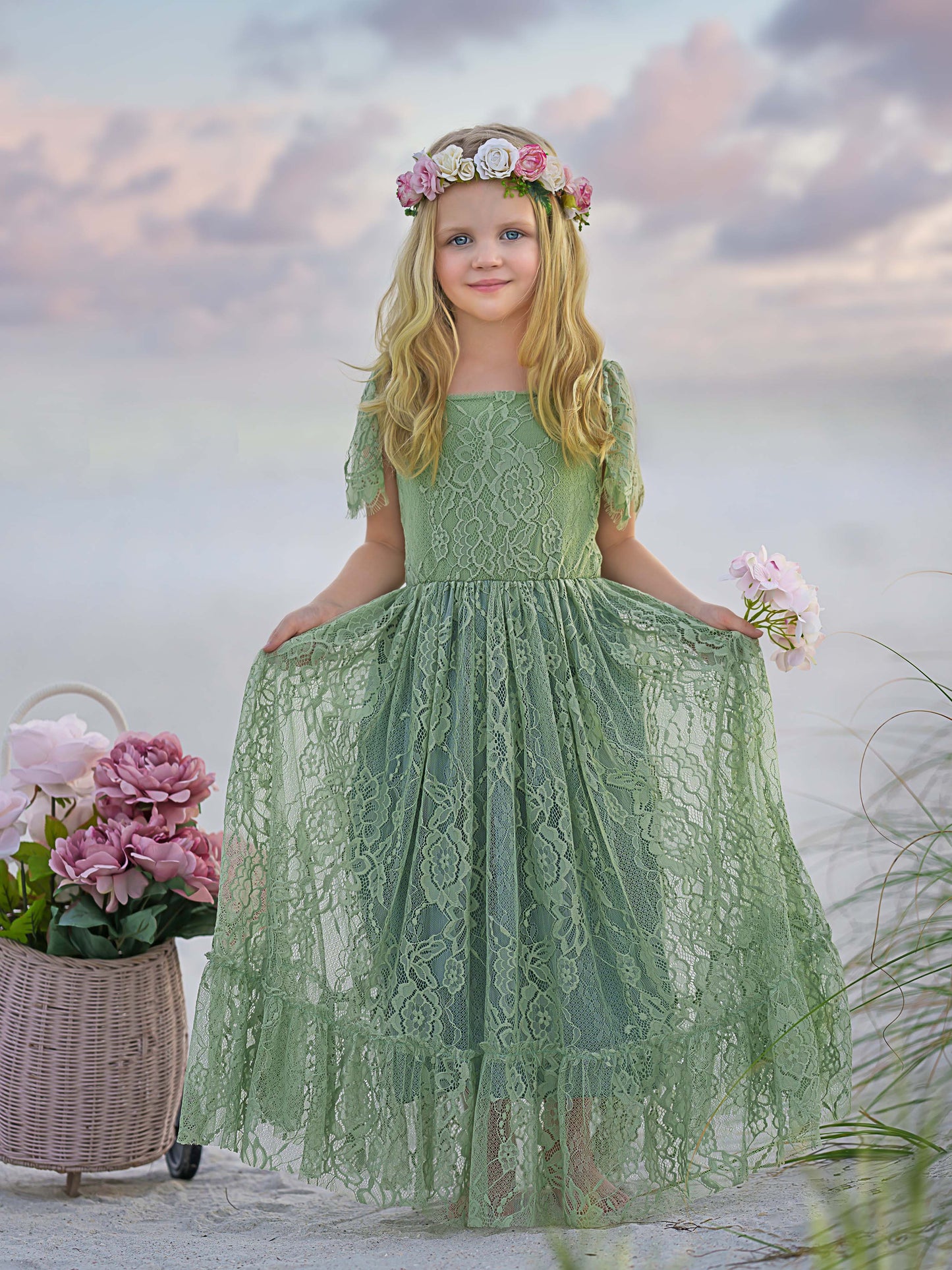 Sage Green Lace Beach Resort Boho Flower Dress