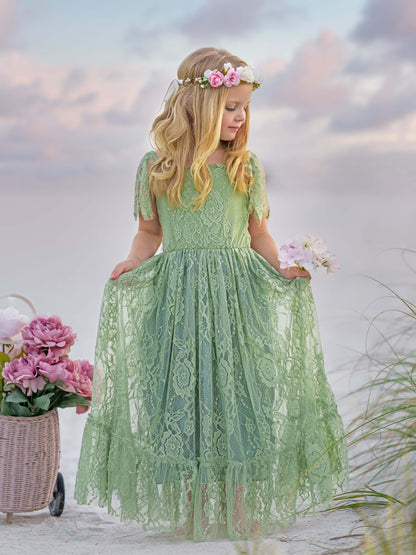 Sage Green Lace Beach Resort Boho Flower Dress