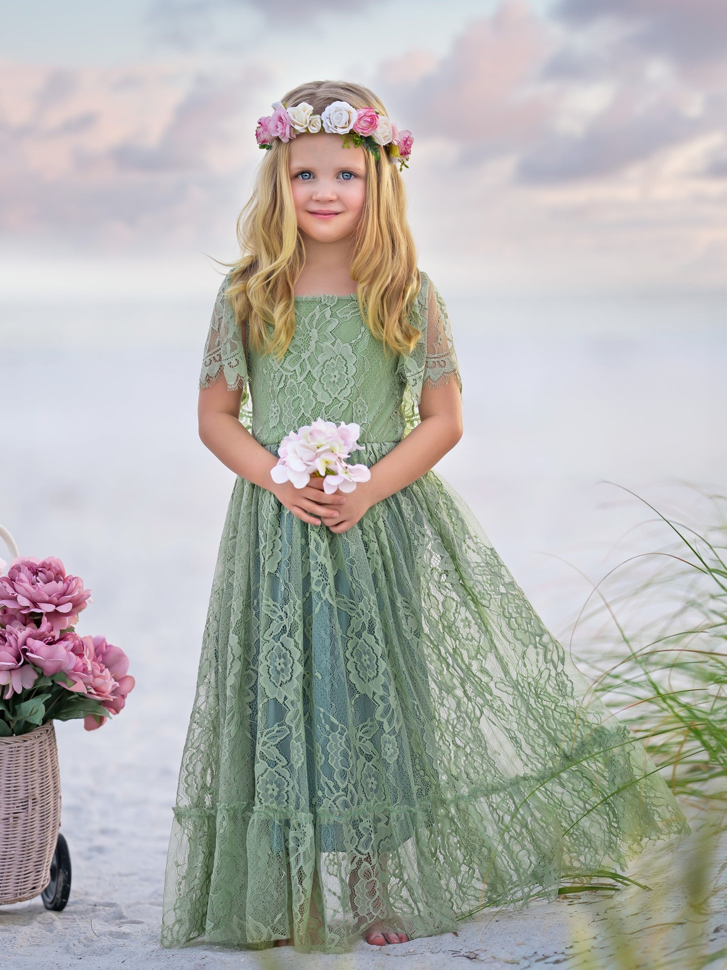 Sage Green Lace Beach Resort Boho Flower Dress