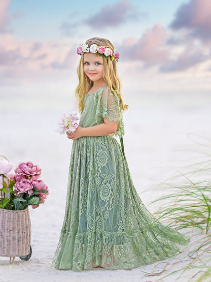 Sage Green Lace Beach Resort Boho Flower Dress