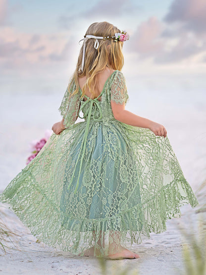 Sage Green Lace Beach Resort Boho Flower Dress